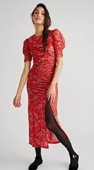 Free People Red Floral Ruched Midi Dress with Puff Sleeves thumbnail 1