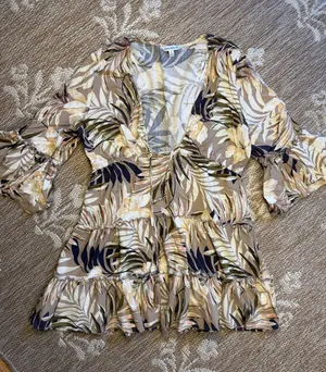 blue island Beige Multi Floral Tie-Front Tiered Tunic bathing suit cover up thumbnail 1