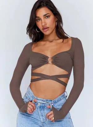 Princess Polly Long Sleeve Top Brown thumbnail 1