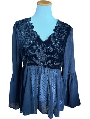Womens Vintage Kyra Swiss Dot & Black Lace Semi Sheer Bell Sleeve Top - Sz XL thumbnail 1