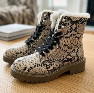 True Craft Women's Snake-Print Lace-Up Fur Ankle Boots - Cream & Black thumbnail 1