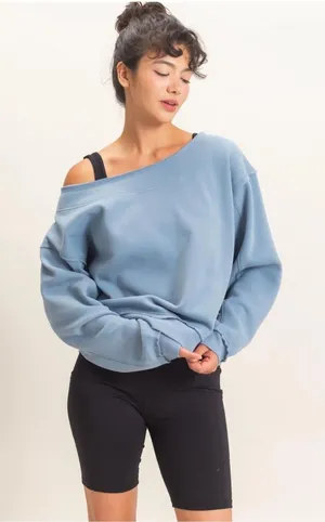NEW Double Zero Dusty Blue Raw Edge Off Shoulder Sweatshirt – Medium thumbnail 1