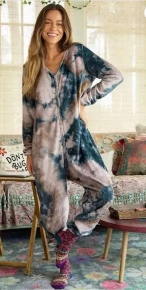 Natural Life Tie Dye Fleece Jumpsuit Pajamas One Piece Blue Tan Size M One Piece thumbnail 1