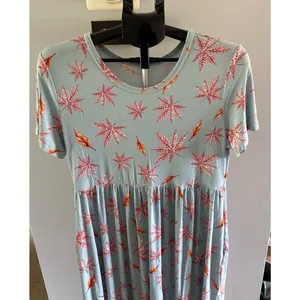 Longyuan Women's Light Blue Leaves Pockets Short Sleeve Dress Size XL‎ thumbnail 2