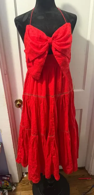 Girl Tribe Co The Catherine Maxi Dress Red Swiss Dot Bow Tiered Smocked Medium thumbnail 1