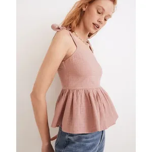 Madewell‎ Tie-Shoulder Peplum Cami Top Pink Clip Dot Smocked Babydoll L thumbnail 2