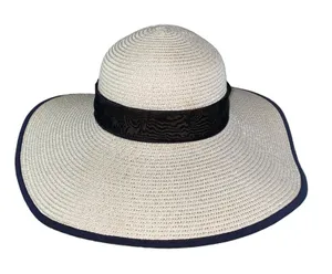 Wide‎ Brim Paper Straw Sun Hat Beige Black Organza Ribbon Bow Adjustable thumbnail 1