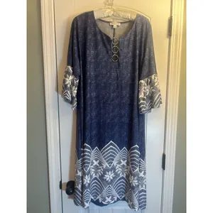 Chelsea Taylor 2X Blue Faux Denim Dress Lace Trim Ring Neck Stretch Midi Plus thumbnail 12
