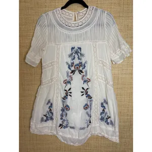 Free People Ivory Embroidered Cotton Gauze‎ Boho Mini Dress Crochet Lace XS thumbnail 2