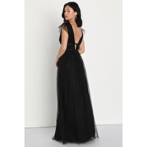NEW Lulus Women Im All Yours Dress XS Black Tulle‎ Flutter Plunging Maxi Gown thumbnail 5