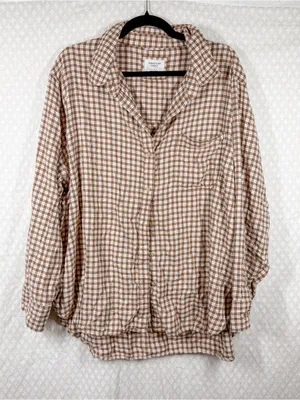 American Eagle Brown White Plaid Button Down Oversized Flannel thumbnail 1