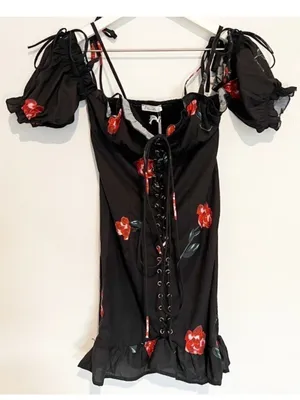 Starlow Senorita Dress Size XS Black Floral Smocked Milkmaid‎ Mini Dark Coquette thumbnail 1