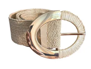 Woven Belt Gold Oval Buckle Raffia Wrapper Adjustable 4.5" Buckle 41" thumbnail 1