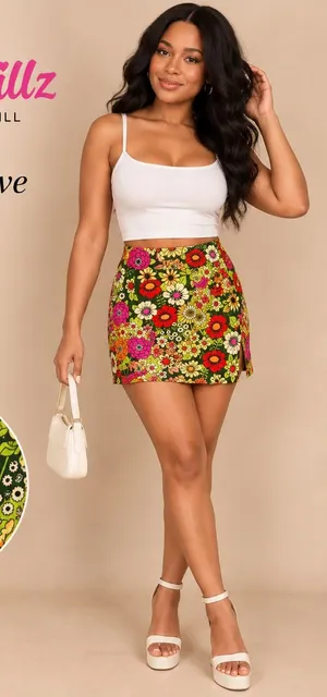 Sugar Thrillz Modern Love Floral Mini Skirt Green Retro 70s XS thumbnail 1