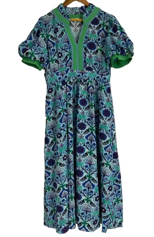 NWOT Jodifl “Blue Mix” Whimsy Floral Midi Dress Lined with Pockets Size Medium thumbnail 1