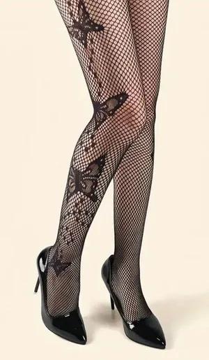 Butterfly Pattern Black Fishnet Tights, Hollow Out See-through Slim Fit Footed Pantyhose, Women's Stockings & Hosiery One Size 80% Polyamide 20% Spandex thumbnail 7