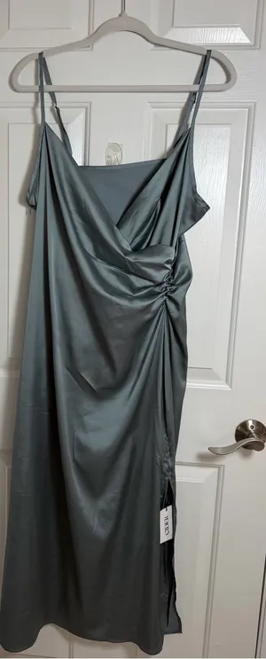 Cider Satin Slip Midi Dress in Steel Blue-Grey thumbnail 1