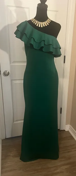 Green ruffle elegant cocktail wedding guest dress thumbnail 1