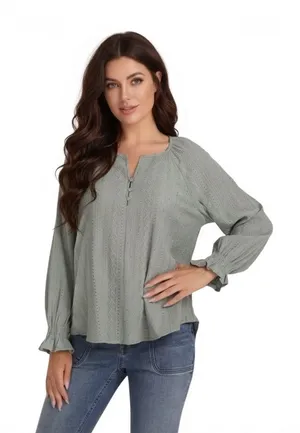 Frye Textured Long Sleeve Peasant Blouse Boho Western Eyelet top green sage Med thumbnail 1