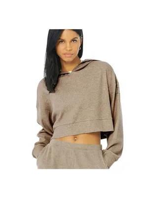 Alo Muse Hoodie Gravel Heather Tan Ribbed Stretchy Sweatshirt Sweater Pullover L thumbnail 5