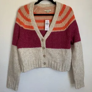 NWT American Eagle Colorblock Striped Wool Blend Knit‎ Cardigan in Cream thumbnail 3