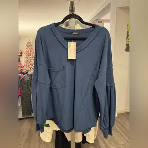 Elegant Navy V-Neck Ribbed Sweatshirt thumbnail 3