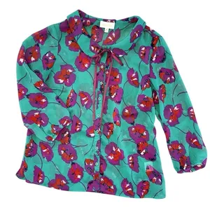 ModCloth Floral Blouse Size‎ Medium Peter Pan Collar Bow Chiffon Artsy Teacher thumbnail 7