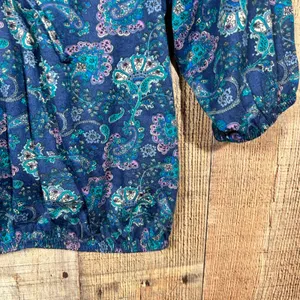 Blue Purple Paisley Peasant Blouse 3/4 Sleeve Boho Top Cottagecore Elastic Hem thumbnail 2