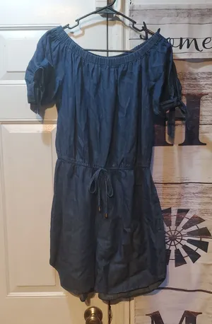 Denim-Style Off-Shoulder Tie-Waist Romper in Blue thumbnail 1