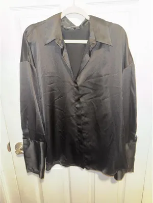 Zara Black Satin Button Up Blouse Size XL thumbnail 1