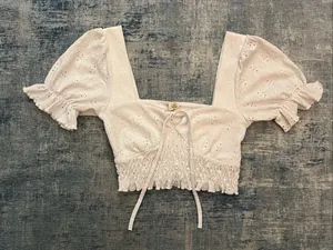 Altar'd State White Tie Front Eyelet Puff Sleeve Crop Top Women's Small thumbnail 1