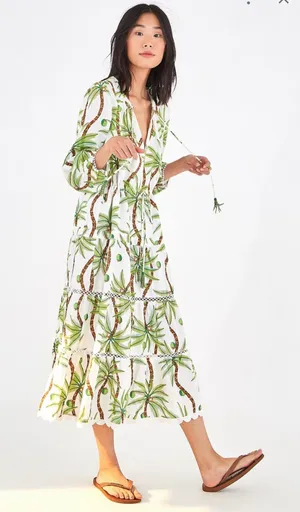 Farm Rio Bohemian Palm Tree Print Cotton Maxi Long Sleeve Dress Size Small thumbnail 1