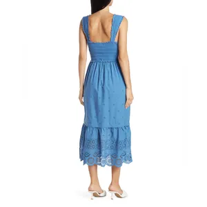 Betsey Johnson Smocked Embroidered Eyelet Midi Dress in Federal Blue, Size XL thumbnail 2