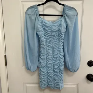 Hello Molly ruched front dress‎ puff sheer sleeves light blue size 4 thumbnail 2