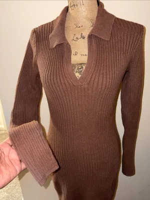 Hollister Chocolate Brown Ribbed V-Neck Sweater Dress thumbnail 1