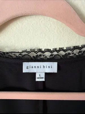 Gianni bini black satin goth lace square neck tie front top blouse L thumbnail 4