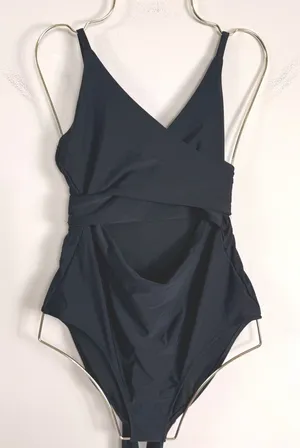 Aerie Womens Wrap Front Cutout One Piece Swimsuit Black Full Coverage Size L NEW thumbnail 1