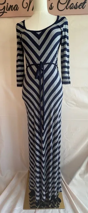 Calvin Klein Women's Navy and Gray Striped Maxi Dress with Tie Waist Size 4 thumbnail 1