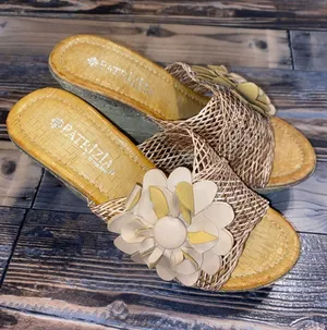 NIB Spring Step Beige Woven Slide Wedges with Flower Accent thumbnail 1