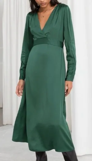 NWT & other stories Forest Green Long Sleeve Midi Dress satin v neck thumbnail 1