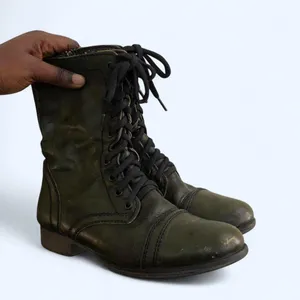 Goth Military Biker Grunge Steampunk Steve Madden Troopa Combat genuine leather lace up boots Ankle Booties Dark Green #Whimsygoth #Streetwear #Punk #Alternative #Rock #Whimsigoth thumbnail 1