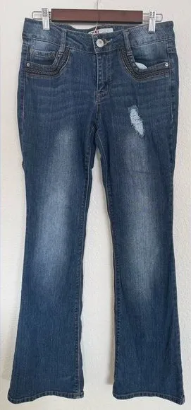 Y2K l.e.i. Style‎ Ashley Low-Rise Flare Jeans Size 9 Regular Distressed Denim thumbnail 1