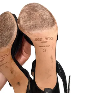 Jimmy Choo 41261 Black Glitter Peep Toe Slingback Heels Stiletto Italy Size 38‎ thumbnail 6