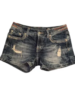 Miss Me Y2K Distressed Denim Shorts Size 30- Embroidered Waistband- EUC Vintage thumbnail 2