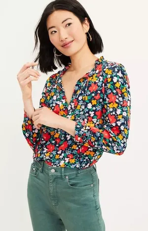 LOFT Womens Floral Ruffle Split Neck Tie Blouse Navy‎ Blue Multi Color Small thumbnail 1