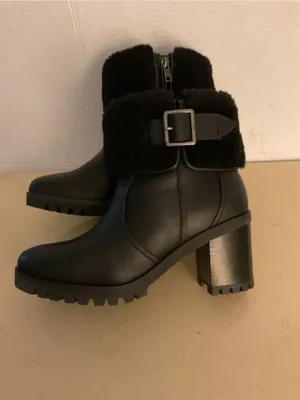 UGG women Black leather shearling platform waterproof heel boots US 7.5 thumbnail 4