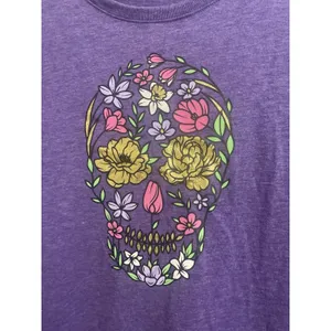 Womens Celebrate Halloween Purple Short Sleeve Shirt Flower Skull Face Size XL thumbnail 2