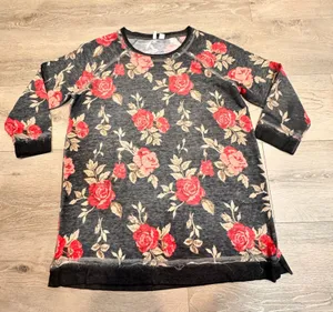 CTCTime Floral Rose Print Raglan Sweatshirt Charcoal Gray Red Size Medium‎ M thumbnail 1