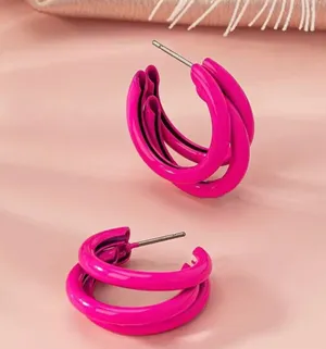 Vibrant Hot Pink Hoop Earrings - Triple Layer C Shape, Durable Iron thumbnail 2