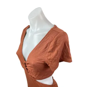 Abercrombie & Fitch Rust Brown Short Sleeve V Neck Rib Knit Cutout Mini Dress M thumbnail 2